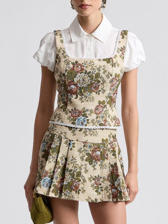 Avec Les Filles Tops - New Avec Les Filles Floral Brocade Lace Trim Neck Top Taupe XS